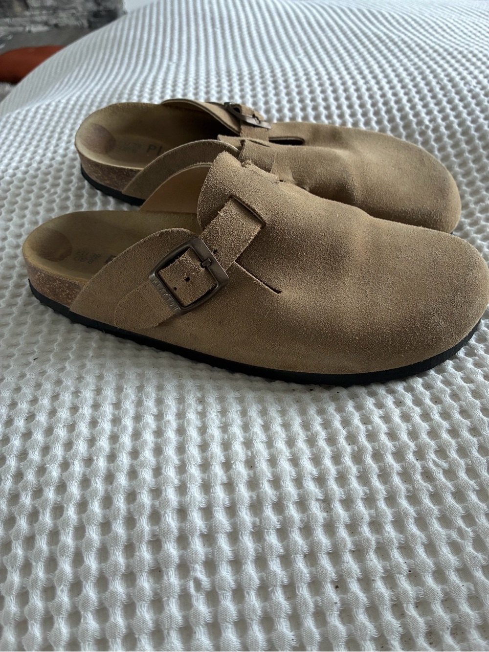 Classic Suede Slip-On Clog with Adjustable Buckle in Tan
